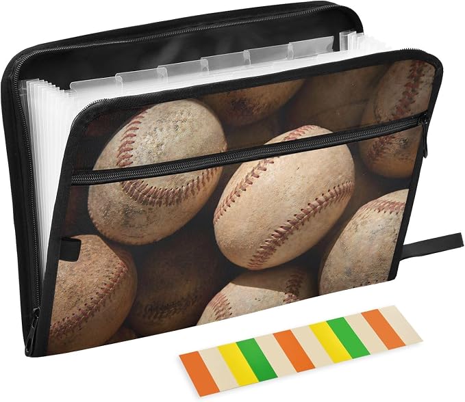 Baseball Vintage File Organizer 13 Pocket Expanding File Folder with Front Pouch Portable Business Fire Storage Document Organizer Folder with Zipper