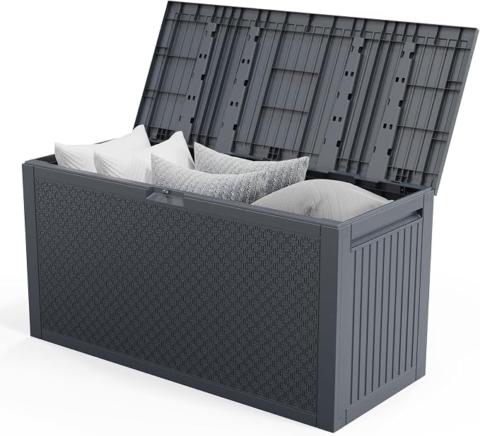 90 Gallon Outdoor Storage Box with Maze Texture, Waterproof Resin Deck Box for Patio Furniture Cushions, Lockable & Weather Resistant Garden Bin for Pool Toys & Tools, Grey