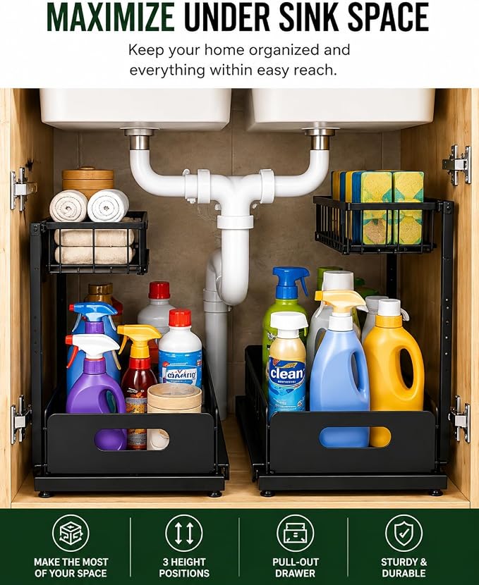 Under Sink Organizer, 2 Tier Adjustable Cabinet Organizer with Slide-Out Drawer, Heavy Duty Metal Storage Rack for Kitchen, Bathroom & Laudry room.