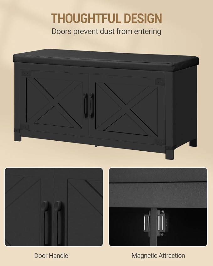 Hzuaneri 39.4" Shoe Storage Bench, with Soft Padded Seat Cushion & Doors | 2 Tier Entryway Storage Bench with Adjustable Shelf, Farmhouse Shoe Cabinet for Living room, Bedroom, Black SB26606BK