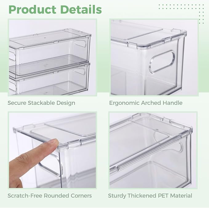 2 Pack Fridge Drawer Pull Out Stackable Bins, 13.4 x 5 x 4.3 in | 3.2 qt Clear Refrigerator Stackable Organizers and Storage Bins, Food-Safe PET Plastic Food Containers for Kitchen Pantry