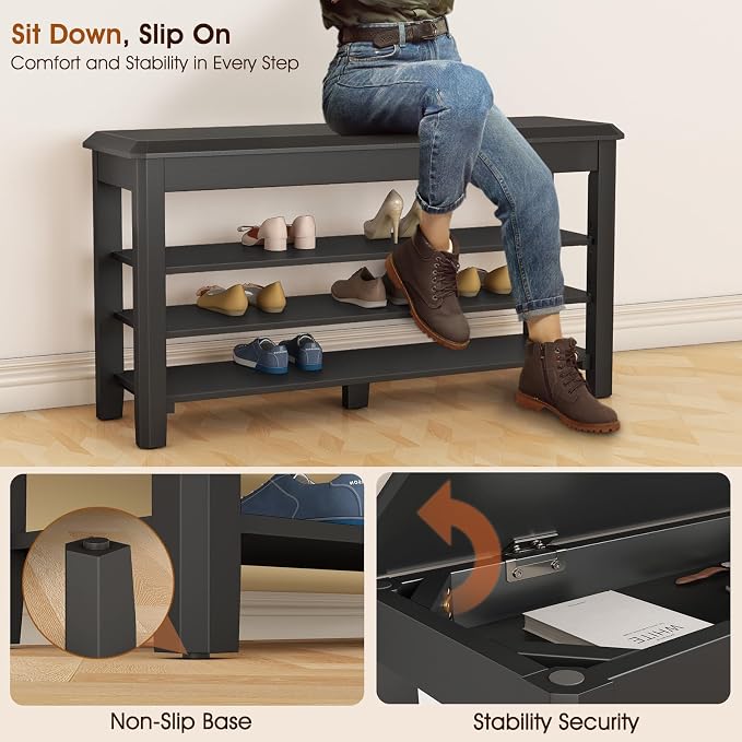IUNVR Shoe Rack Bench Seat Rubberwood 3-Tier Wooden Storage Bench 550lbs Compact Mid-Century Modern Design for Entryway, Hallway, Closet, Front Door Entrance, Foyer