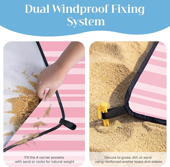 OIGAE Beach Blanket Waterproof Sandproof Oversized Beach Mat | Picnic Mat with Stakes, Storage Bag - Essentials for Outdoor Beach, Picnic,Quick-Dry Lightweight,Windproof Pockets