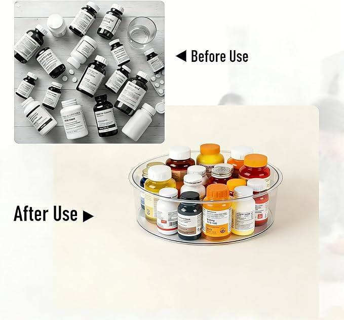 Medicine Bottle Organizer, Rotating Medicine Organizer for Cabinet, 11.98" Diameter, Large Capacity Transparent Pill Bottle Storage for Vitamin Pantry Countertop
