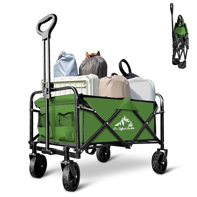 Foldable Wagon Cart, Collapsible Wagon Cart with Heavy Duty Wheels, 220Ibs Portable Folding Utility Wagon for Groceries, Beach, Camping, Outdoor Activities, Green