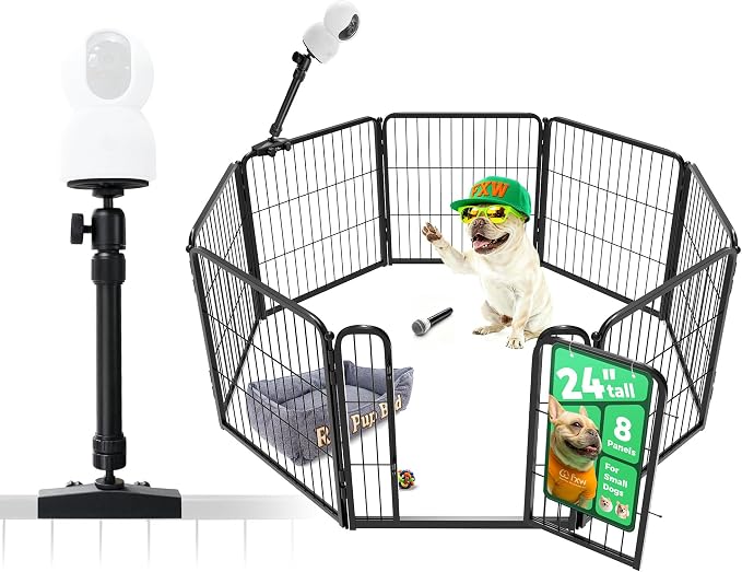 FXW Homeplus Indoor Dog Playpen with Camera Mount, 24" H, 8 Panels | Calm Indoor Play Area, Wider Viewing Angles with Stable Support, for Puppies & Small Dogs, Patented
