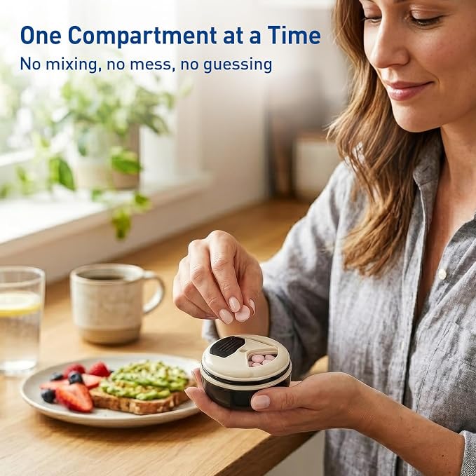 Ezy Dose Mini Vitamin Organizer, Multi Compartments, Black & Cream, Small | Portable and Compact Design, Easy Access Sliding Pill Dispenser, Supplement Organizer with Anti-Mix Design, Travel Friendly