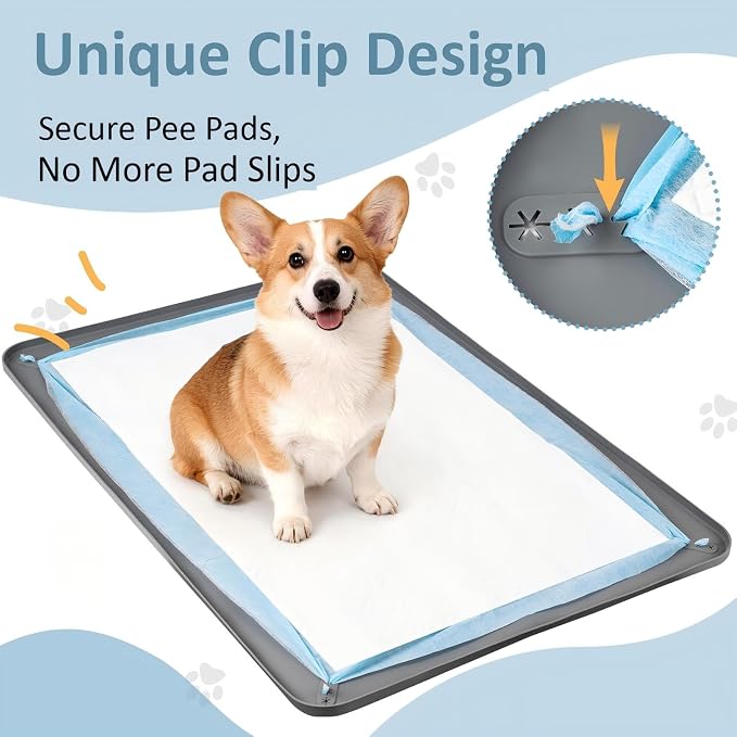 Pee Pad Holder, Silicone Dog Puppy Pad Tray for DogTraining Pads Non-Slip Leak-Proof High Edge Mat, Dog Potty Tray for Home Floor Protection- Grey 25" x 36"