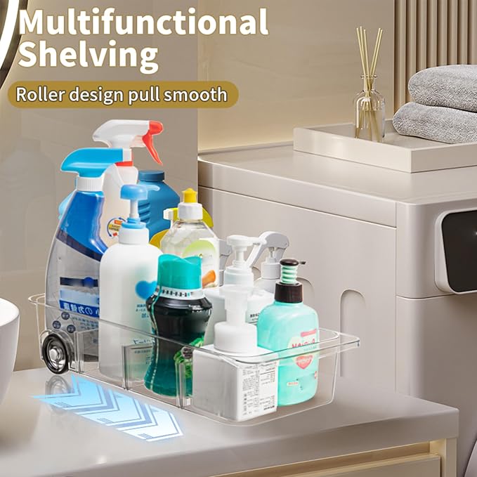 Roll-Out Refrigerator Organizers and Storage, 3 Pack Drawer Fridge Bins | Rolling Fridge Caddy, Silicone Wheels, Adjustable Dividers, Plastic Refrigerator Tray, for Fridge, Pantry, Bathroom & Kitchen
