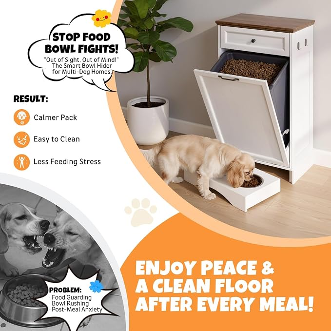 Tilt Out Trash Can Cabinet with Dog Bowl, 10 Gallons Dog Feeding Station with Storage Cabinet, Pet Food Cabinet with Hideaway Drawer for Kitchen, Living Room