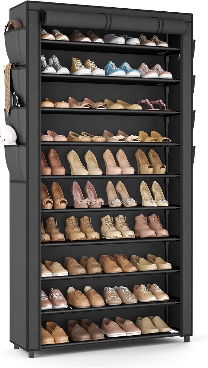 VTRIN Tall Shoe Rack with Cover, 10 Tier Shoe Organizer Storage for 50-55 Pairs Shoes and Boots Large Capacity Shoe Shelf with 8 Pockets Free Standing Shoe Rack for Closet, Entryway, Garage