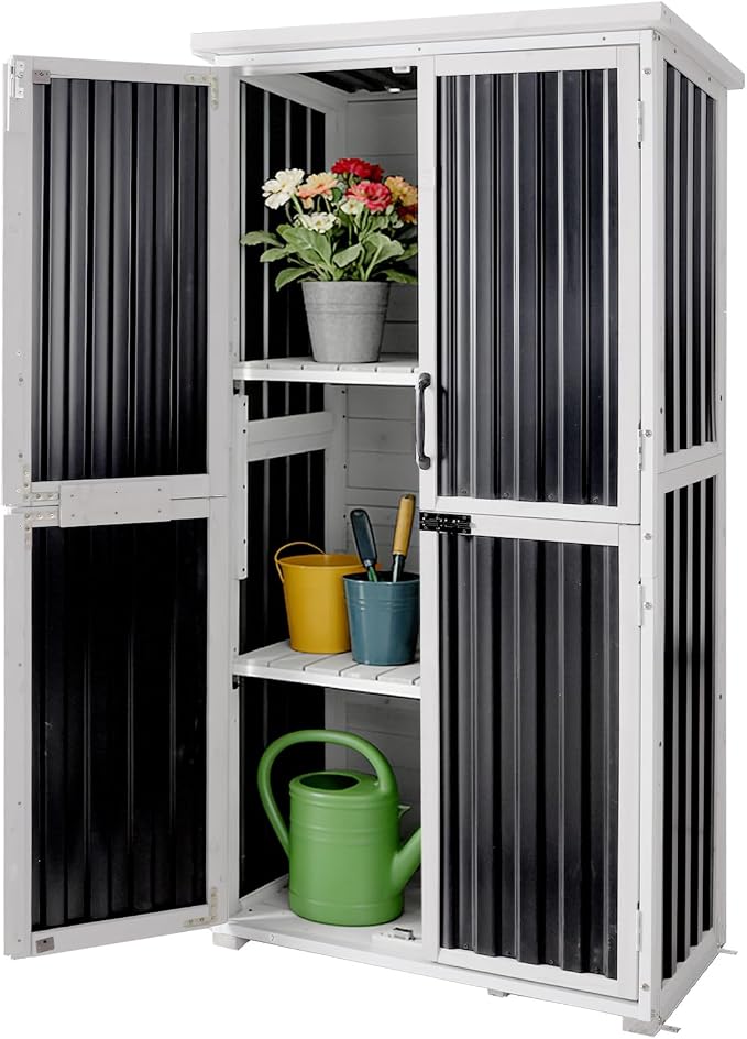 Aivituvin Outdoor Storage Shed with Wood and Metal Frame, Garden Sheds with Waterproof Plastic Roof, Adjustable Shelves and Ventilated Blinds, Garden Tool Cabinets for Outdoor (Black, Plastic)