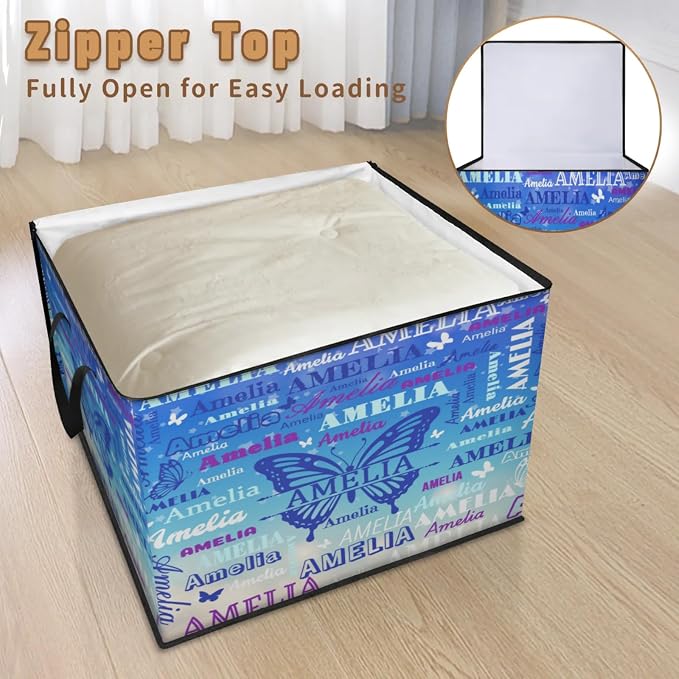 Custom Extra Large Storage Baskets with Lid, Personalized Storage Bins Basket Boxes Handles for Clothes Blanket Bedroom Closet Organizing Toys Shelves, Gradient Light Blue with Butterflies