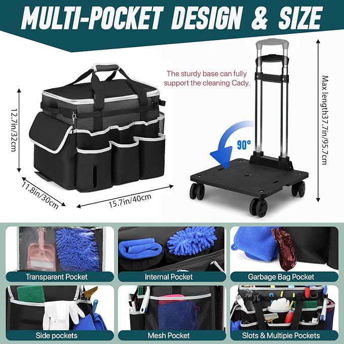 Large Rolling Cleaning Caddy Bag with Detachable Trolley, Full Support Plates for Professional Cleaning Supplies Bag, Organizer Bag with 4 Universal Wheels for Housekeepers, Car Wash