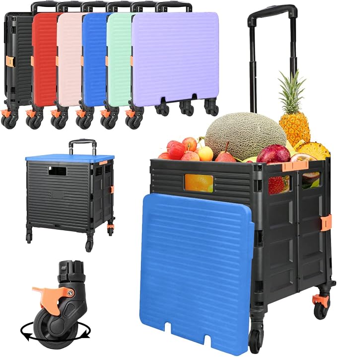 Foldable Utility Cart Collapsible Crate Rolling Carts Handcart Trolley Tool Box Basket 4 360°Noiseless Wheels Lid Telescoping Handle for Shop Grocery Luggage Move Office School Teacher (Blue)