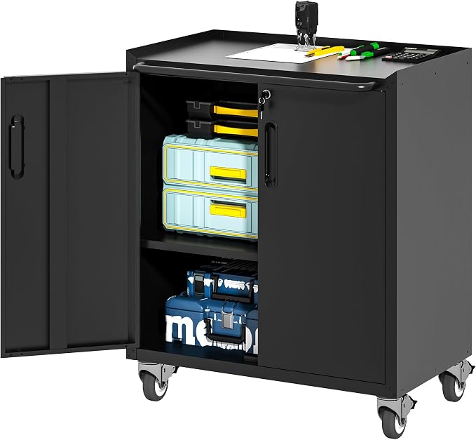 Metal Garage Tool Cabinet with 2 Lockable Doors & Wheels,Black | Steel Storage Cart,Heavy Duty Rolling Chests,Mobile Tool Cabinets,Assembly Required