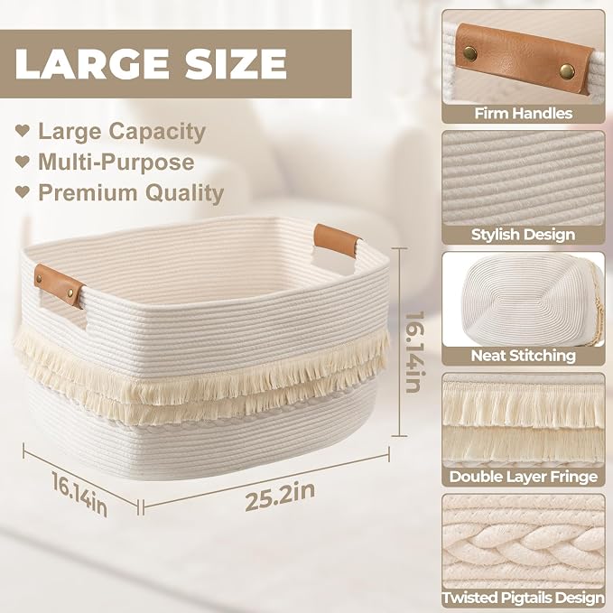 danpinera 108L Large Basket for Living Room, Boho Decorative Basket Organizing with Handles, Cotton Rope Storage for Toys, Pillows, Clothes, 25’’*16’’*16’’ White