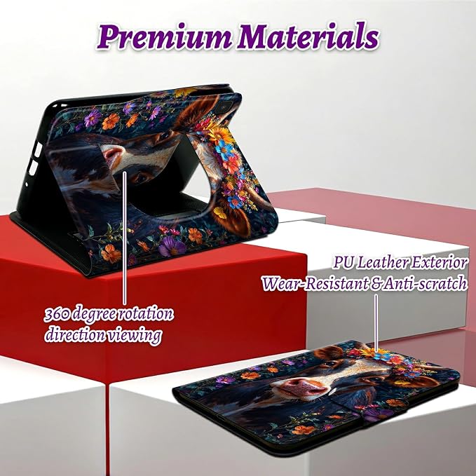 Rotating Handle Case for Samsung Galaxy Tab A7 Lite 2021 8.7", 360 Degree Swivel Kickstand with Magnetic Closure Shockproof Leather Protective Cover for Women Men, Black White Cow Flower