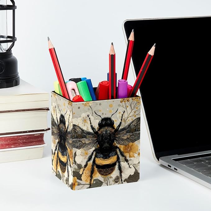 Cute Bee Pen Holder for Desk Decor, Rectangular PVC Leather Pencil Cup for Desk Pen Organizer, Makeup Brush Holder for School, Home, Office