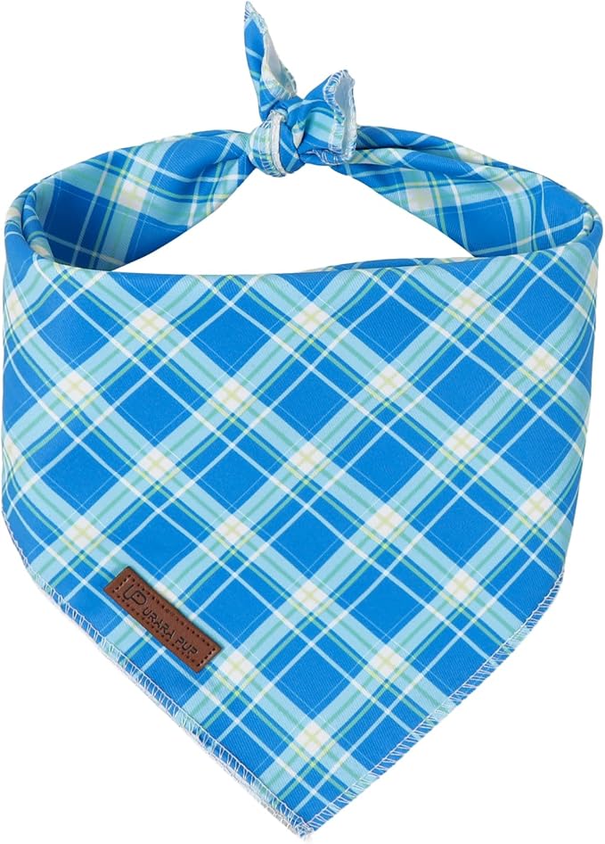 Blue Checkered Dog Bandana, Spring Summer Blue Plaid Puppy Bandana for Boy Male Dogs, Soft Cotton Pet Triangle Bid Scarf Kerchief for Boy Dogs or Cats