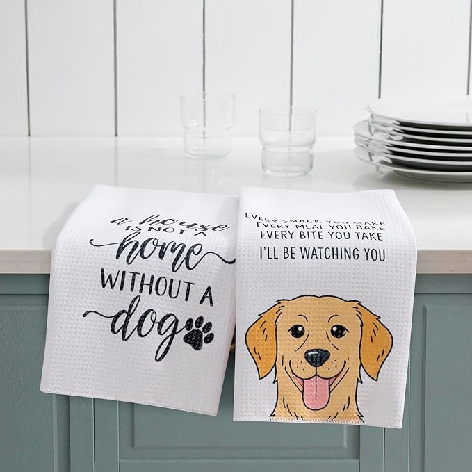 Set of 2 Waffle Weave Kitchen Towels, 380 GSM Absorbent Quick-Dry Microfiber Dish Towels, Funny Dog Tea Towels, 18 x 30 Inches, Gift for Dog Lovers, Kitchen Decor