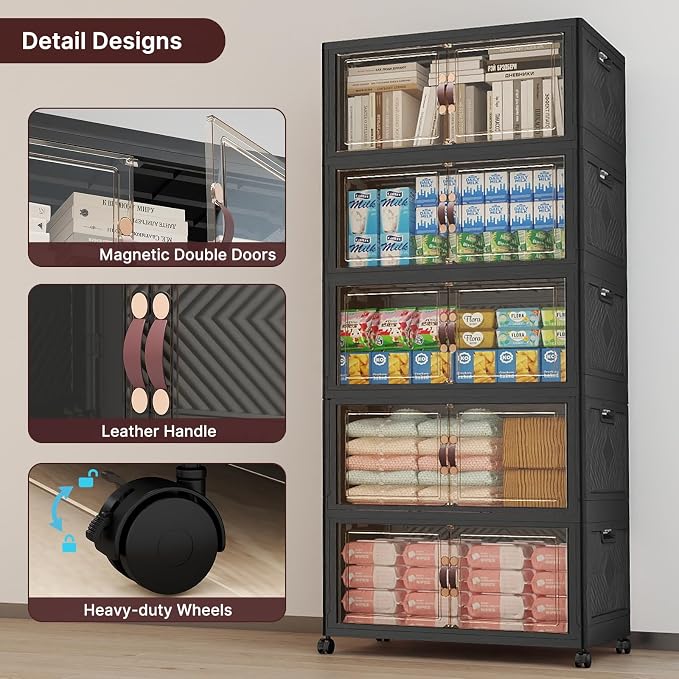 Stackable Storage Bins with Lids, 600QT Lockable Storage Cabinet | Folding Storage Box with Doors and Wheels, Collapsible Plastic Drawers for Home, Garage, Office