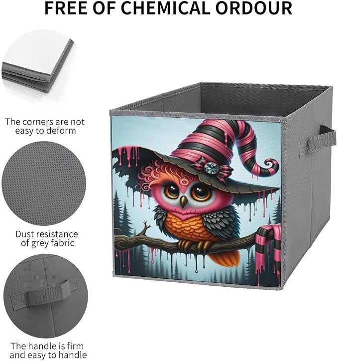Magical Wizard Owl Foldable Storage Bins, 10.6" Cube Storage Organizer, Sturdy Oxford Cloth Fabric Baskets for Closet, Shelf, Nursery, Bedroom, Decorative Printed Box for Toys & Clothes