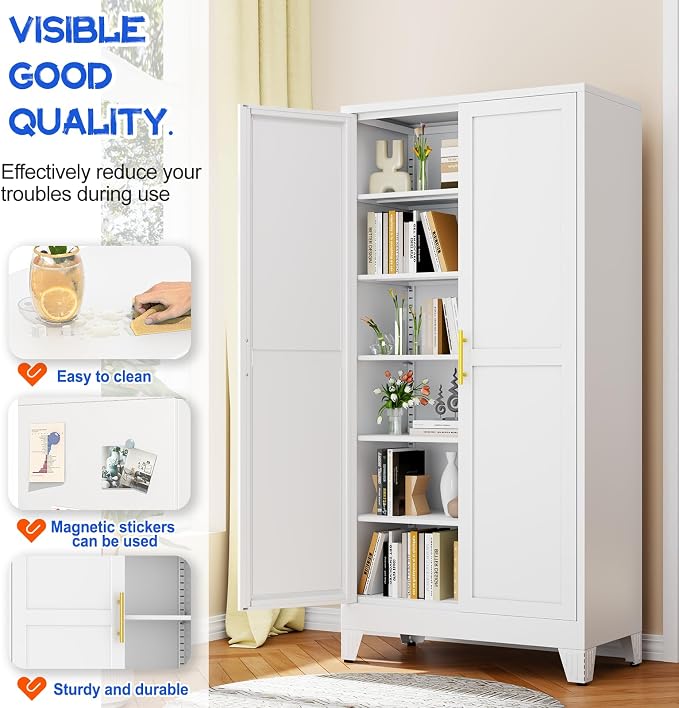 GAIOUS 75.2" Tall Metal Storage Cabinet with 2 Doors & 5 Adjustable Shelves | New upgrade Kitchen Pantry Cabinet, White Freestanding Cupboard, 6 Tier Steel Storage for Office, Kitchen, Dining, Garage