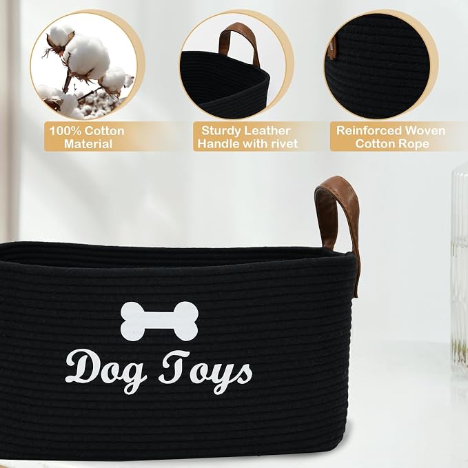 Large Dog Toy Basket, 100% Cotton Rope Dog Toy Storage Bin-Black | Dog Toy Box for Livingroom Area with Handle for organizing Pet toys,Blankets,Leashes,Pee Mats and Diapers-16.5"x10.6"x 7.5"