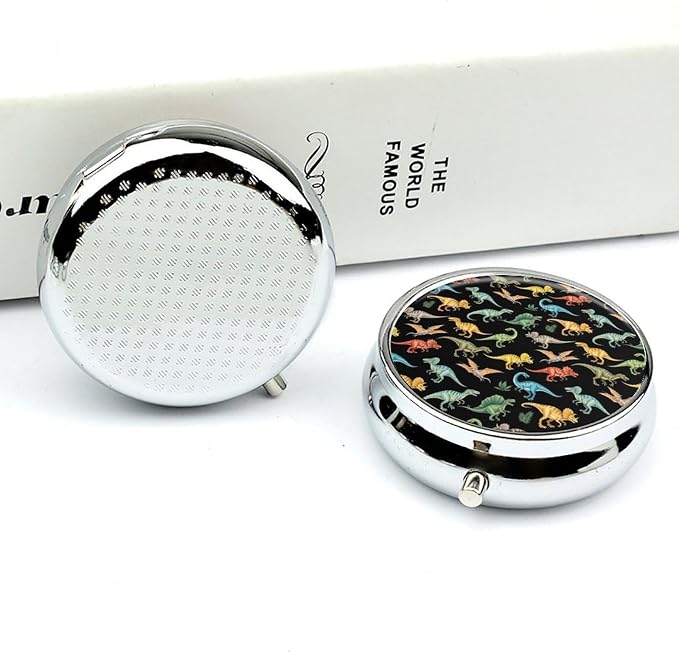 Round 3 Compartment Pill Box with Mirror Cute Dinosaur Design, Portable Metal Pill Case for Purse Pocket Vitamin Storage