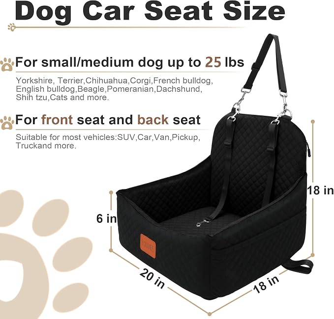 Dog Car Seats for 5-25 lbs Dogs,Pets Safety Travel Bed with 3Seatbelt-Black | Storage Pockets,Non-Slip Bottom,Memory Foam with Detachable Washable Cover and Easy to Install