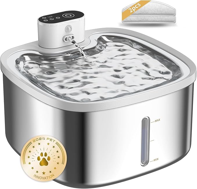 Cat Water Fountain Stainless Steel Wireless 118oz/3.5L–Cordless Battery-Operated Pet Water Dispenser with All-in-One Rechargeable Pump, Quiet Indoor Fountain for Cats & Dogs (Fountain+2Filters)
