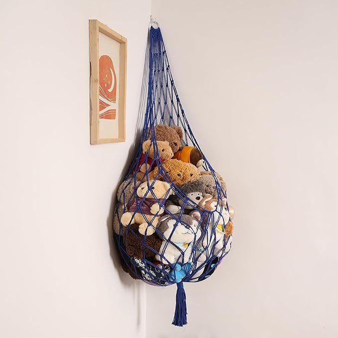 Amdermi Novel Stuffed Animal Hammock Corner Hanging Net for Stuff Aniaml Storage Macrame Toy Display Plush Toy Holder-Perfect for The Tiny Space Walls (blue, XXL)