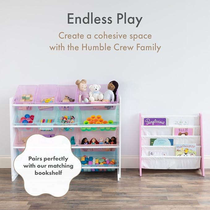 Humble Crew Kids Toy Organizer with 16 Bins, 4 Tier Storage for Playroom | Sturdy wood and steel toddler shelf, removable BPA-free containers, wall anchor anti-tip safety kit for bedroom or classroom