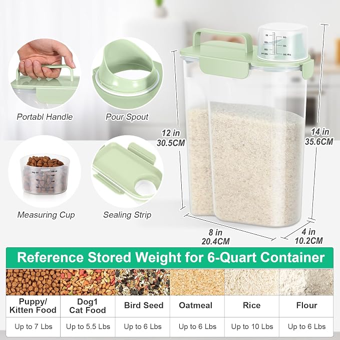 TBMax Airtight Rice Container 10 Lbs, Cereal Dispenser, Pet Cat Dog Food Storage Container, Plastic Kitchen Pantry Food Storage Holder with Cup -Light Green