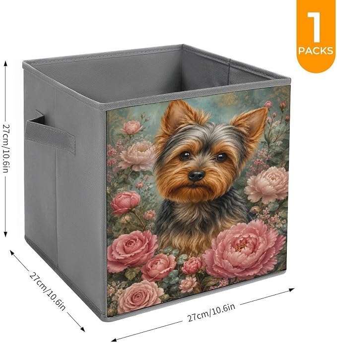Yorkie Dog Floral Portrait Storage Bin with Handles, Oxford Fabric Foldable Storage Cube Organizer for Clothes, Towels, Bedroom, Living Room, Home Organization
