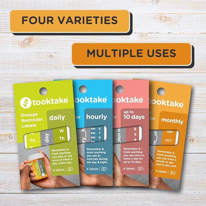 Tooktake Monthly Medication Reminder Labels – Easy Medication Tracking Stickers for Monthly Prescriptions, Vitamins & Supplements - for Pets Too