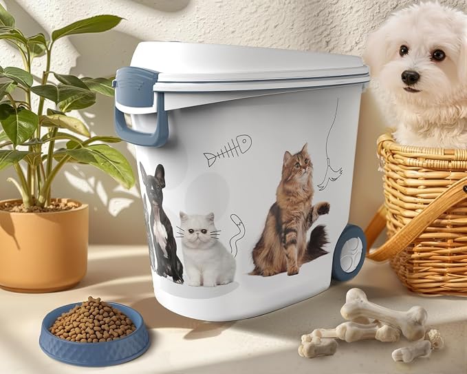 DRATO Pet Food Storage Container with Wheels 30LB Capacity | Resin, Slow Feeder Bowl and Scoop, Easy to Move, Keep Food Fresh, For Dogs, Cats, Birds