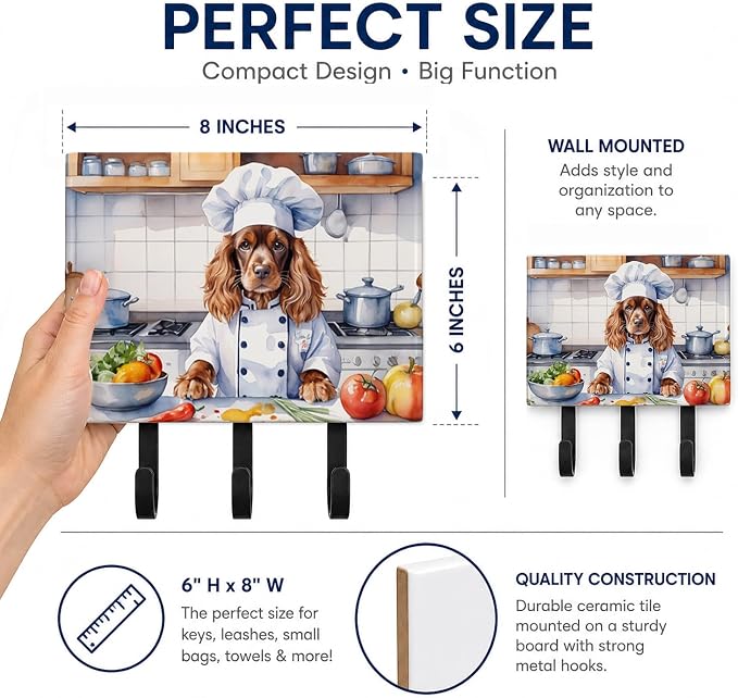Caroline's Treasures English Cocker Spaniel The Chef Leash or Key Holder Wall Hooks, Key Hooks Holder, Coat Rack Wall Mount, Coat Hooks, Hooks for Hanging Keys, Towels, Aprons, Leashes | English Cocker Spaniel The Chef artwork on ceramic tile with thre...