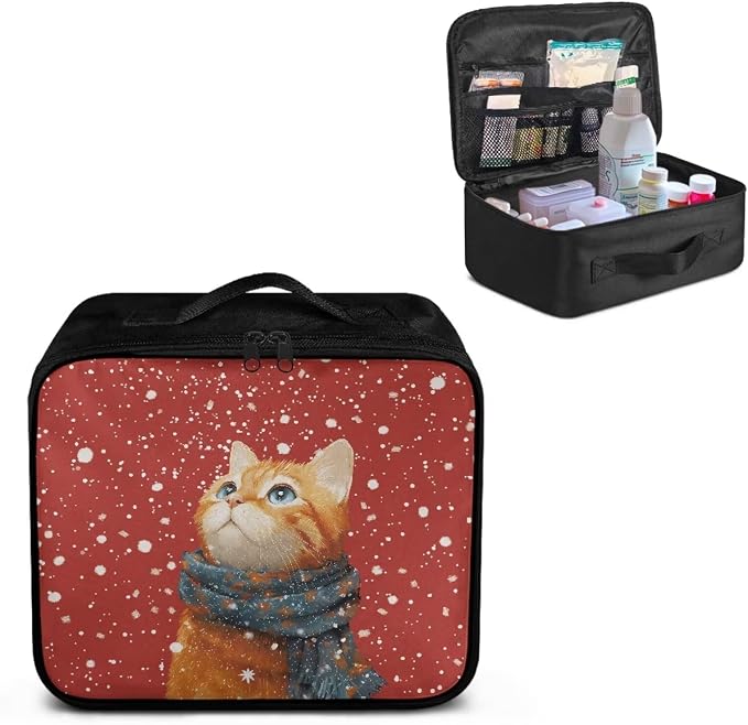 Empty First Aid Bag Red Winter Cat Medical Bag Empty Large Capacity for Home Office and Travel Use Lightweight Washable Soft Fabric Organizational Pouch