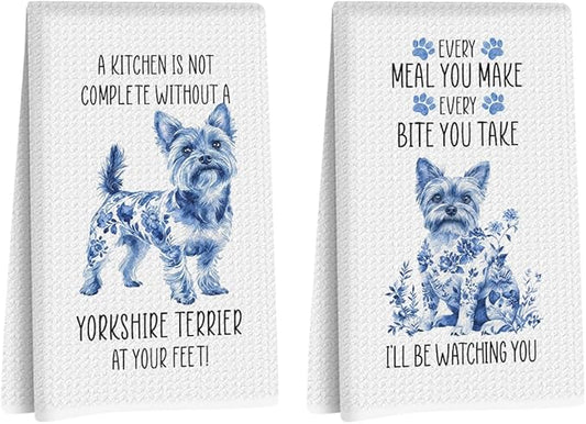 2 Pcs Chinoiserie Yorkshire Terrier Kitchen Towels 24x14 Inch, Yorkshire Terrier Gifts Reusable Dish Towels for Kitchen Decor, Blue and White Floral Waffle Weave Hand Towel, Dog Gifts for Women Mom