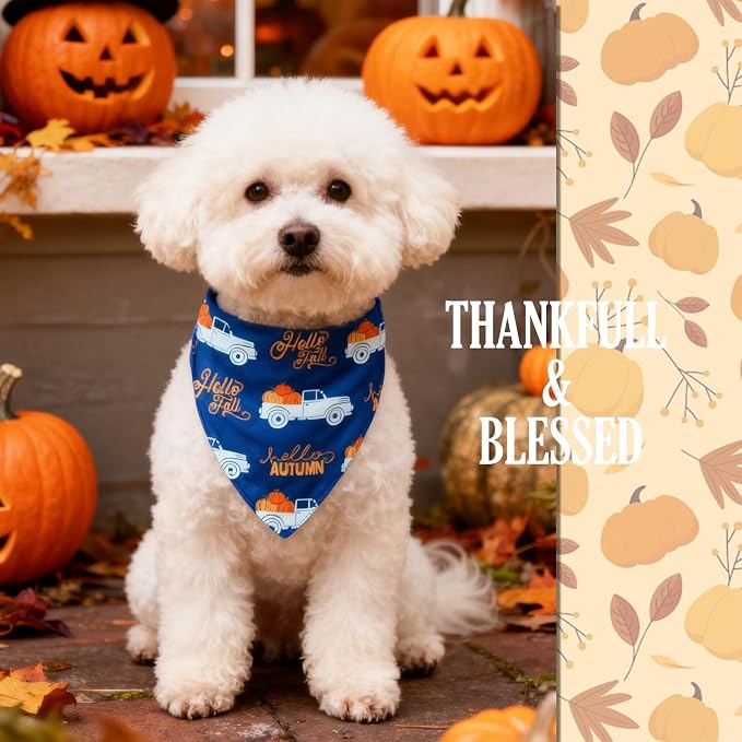 Vintage Fall Dog Bandana Hello Autumn Pumpkin Truck, 5-30lbs Pets