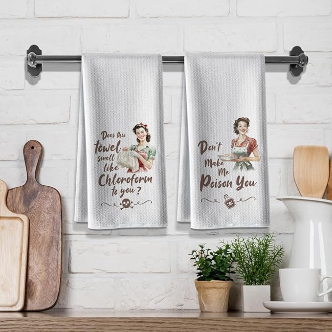 Funny Retro Housewife Kitchen Towels | Exclusive Humorous Pattern | Absorbent Decorative Tea Towels 16x24 Inch 2Pack Microfiber Kitchen Decor Housewarming Gifts for Women Men