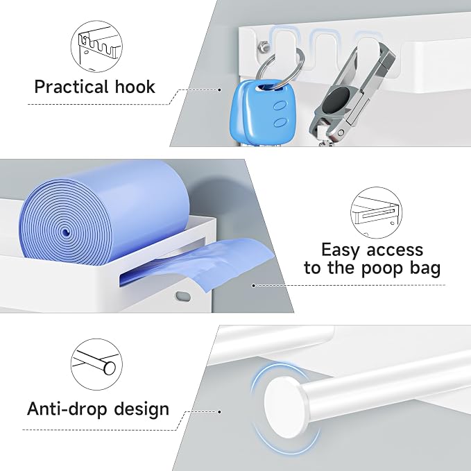 Dog Leash Holder for Wall, Key Holder Wall Mount, Metal Dog Leash Hooks, Pet Stuff Storage Shelf for Leash Hanger, Entryway Organizer Key Rack for Pet Collar, Treats, Toys, Mail (White)