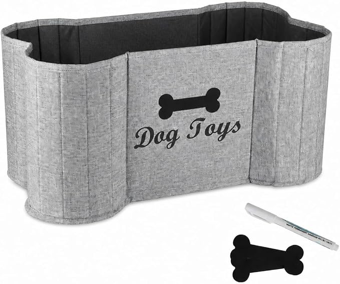 Large Dog Toy Basket Dogs Bone Basket Collapsible Dog Toy Bin Toy Box ,Pet Stuff Organizer, Fabric Puppy Toy Box with Diy Tag -Gray