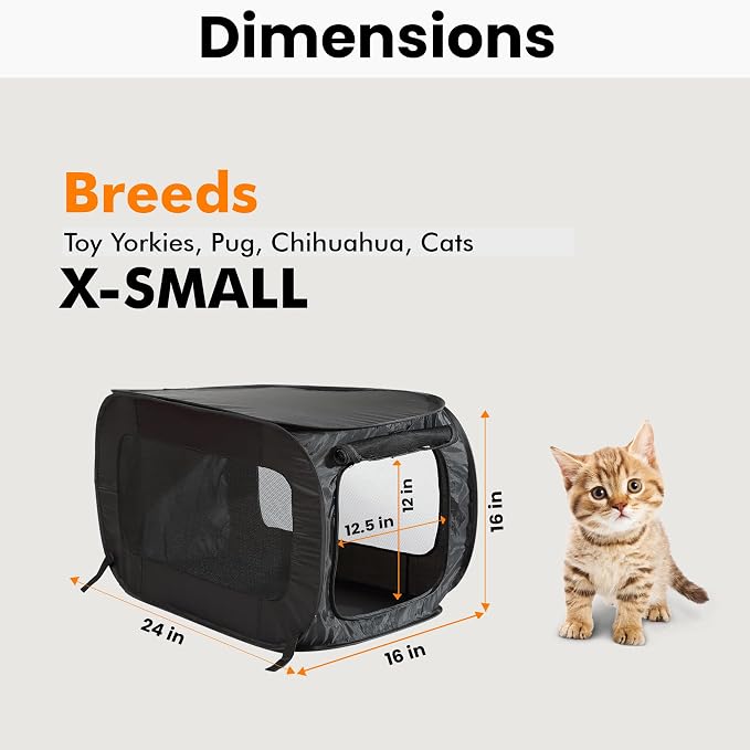 Portable Collapsible Pop Up Kennel, 24"L x 16.6"W x 16"H, Black | Collapsible indoor/outdoor travel cat and dog crate with mesh screen windows pops up and folds flat for easy storage