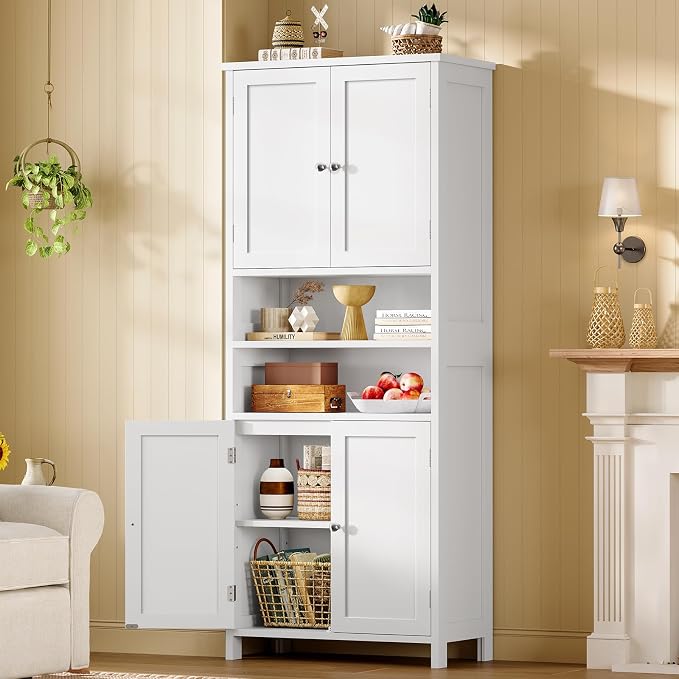 TEENFON 66.9" H Tall Bathroom Storage Cabinet with 4 Doors & 2 Open Shelves | Bathroom Cabinet with Adjustable Shelves, Large Capacity Cabinet for Kitchen, Living Room, Entryway, Laundry & Pantry, White