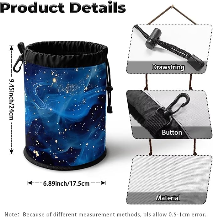 Clothespin Bag Holder Outside, Starry Sky Fluid Pattern Hanging Clothes Pin Bag with Drawstring Closure,Large-Capacity Clothespin Storage Organizer with Hooks