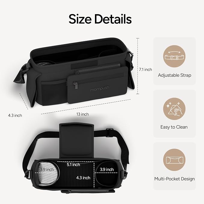 Mompush Universal Stroller Organizer Caddy with Insulated Cup Holder | Large storage capacity, multiple pockets, detachable zippered pouch, secure Velcro straps, universal stroller fit