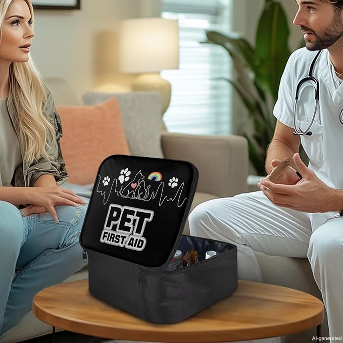 First Aid Case Empty Pet Heartbeat Pattern Veterinary Medic Bag for Animal Clinics and Pet Owners Includes Secure Zipper Compartments Breathable Mesh Panels Soft Lining Washable Material